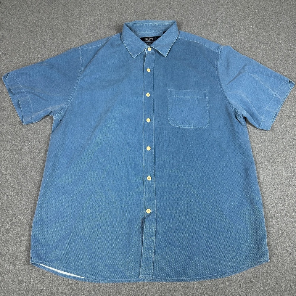 Nat Nast Luxury Originals Silk Cotton Camp Shirt Mens L Blue Short Sleeve
